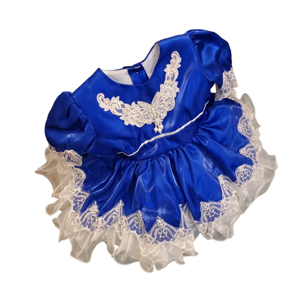 Lida Size 1 Girls Full Circle ruffle and lace Party Pageant dress White & blue.